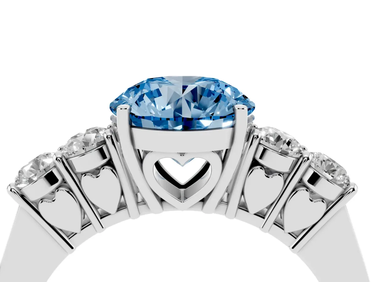 Fancy Blue Round Cut Cut Diamond Five-Stone Prong Set White Gold Ring Silver