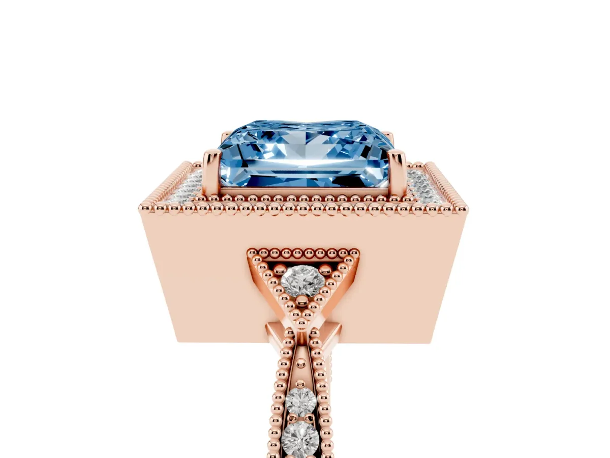 Fancy Blue Princess Cut Halo Round Diamond Milgrain Pave Engagement Ring Rose gold