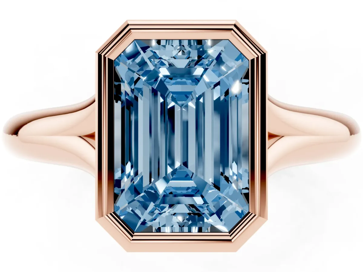 Fancy Blue Bezel Set Emerald Cut Solitaire Diamond Ring with Smooth Band Rose gold