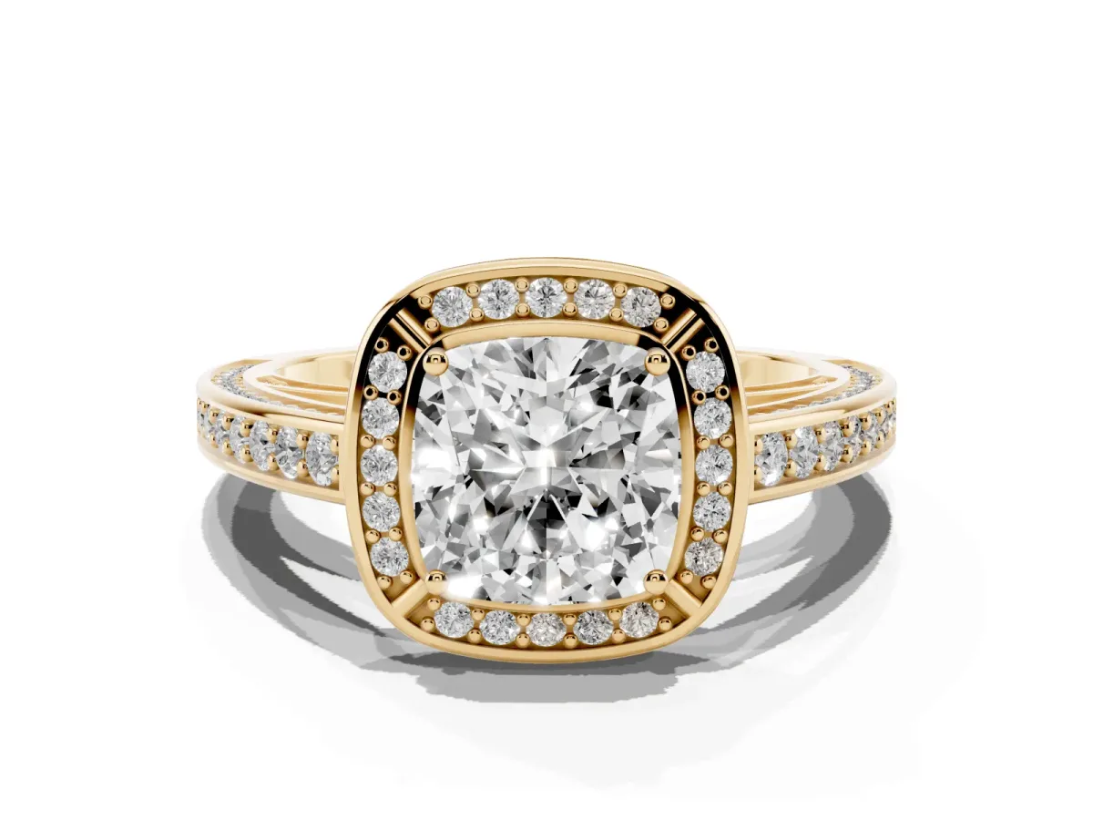 Cushion Cut Cut Halo Pave Split Shank Prong Setting Ring Yellow gold