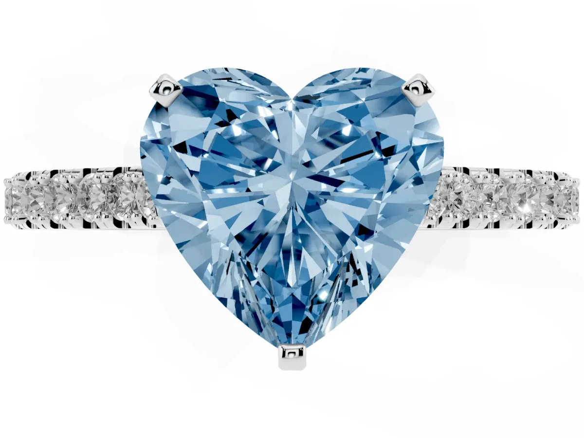 Fancy Blue Heart Cut Cut Solitaire Diamond Engagement Ring with Pave Band and Four-Prong Setting White gold
