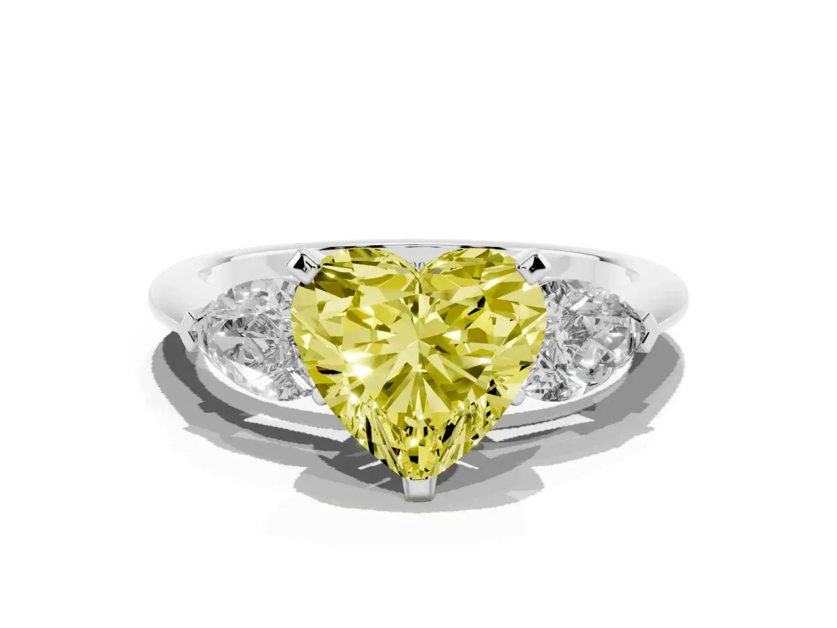 Fancy Yellow Three-Stone Heart Cut Diamond Ring with Pear Side Stones and Four-Prong Setting Silver