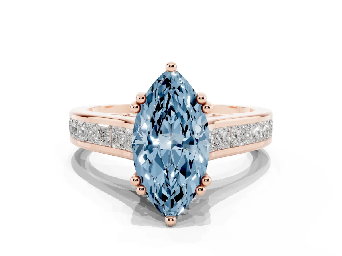 Fancy Blue Marquise Cut Cut Channel Set Solitaire Engagement Ring with Prong Setting Rose gold