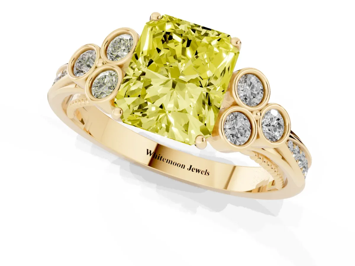 Fancy Yellow Radiant Cut Cut Diamond Engagement Ring with Bezel Set Round Side Stones and Prong Setting Yellow gold