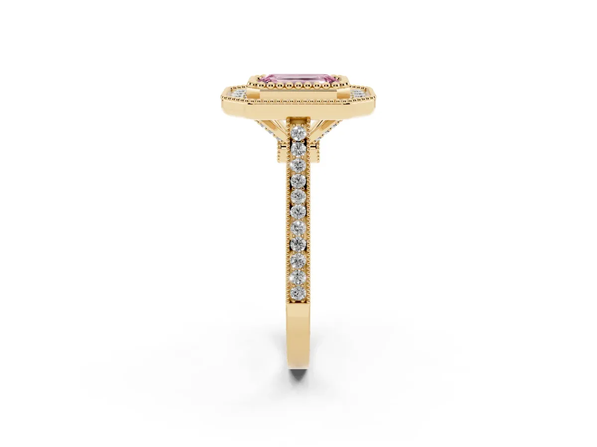 Fancy Pink Emerald Cut Diamond Halo Ring with Milgrain Frame and Pavé Band Yellow gold