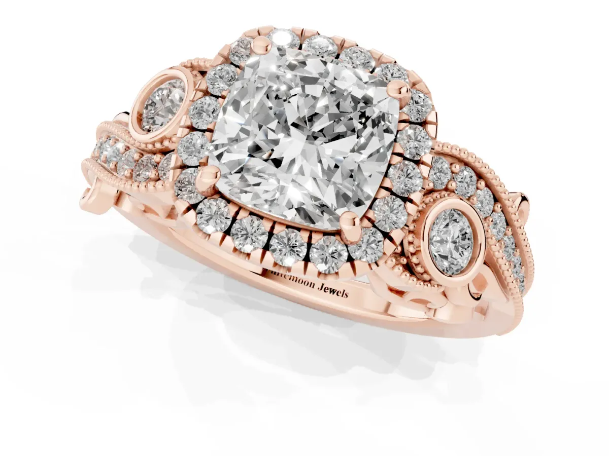 Cushion Cut Diamond Halo Ring with Milgrain Pavé Band and Four-Prong Setting Rose gold