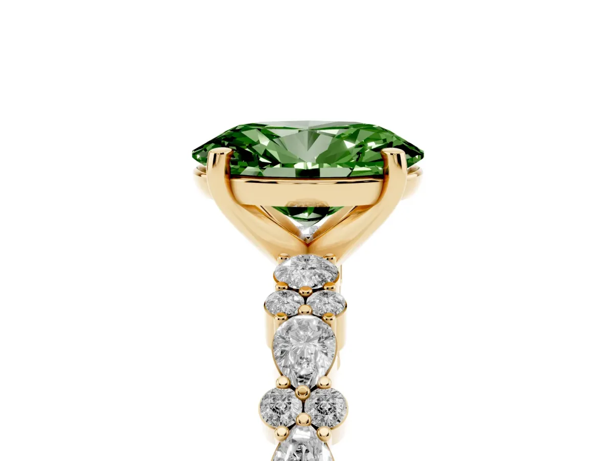 Fancy Green Oval Cut Diamond Side Stone Solitaire Ring with Round and Four-Prong Setting Yellow gold