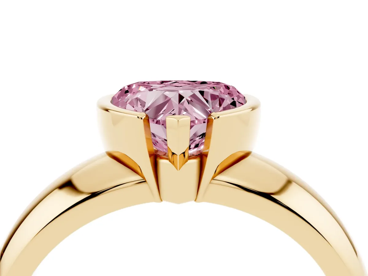 Fancy Pink Heart Cut Solitaire Tension Set Diamond Ring with Wide Band Yellow gold