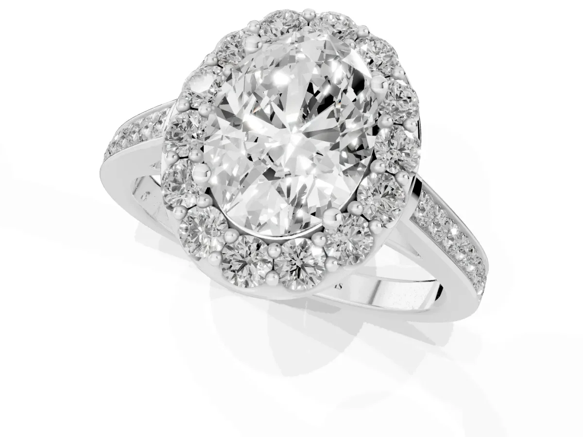 Oval Cut Diamond Floral Halo Ring with Pavé Band and Prong Setting Platinum