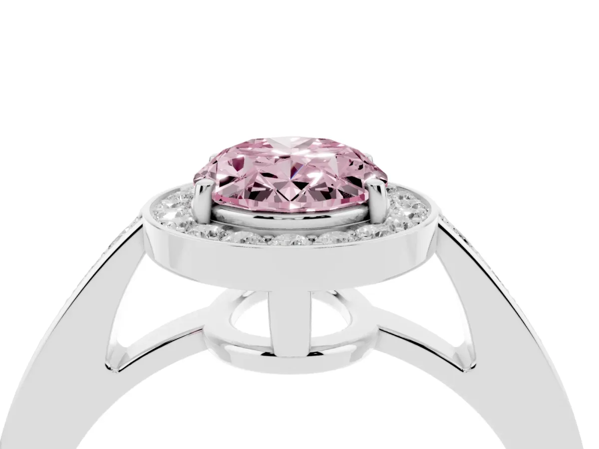 Fancy Pink Oval Cut Halo Pavé Diamond Engagement Ring with Bezel Setting Silver