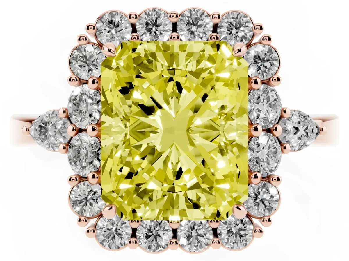Fancy Yellow Radiant Cut Diamond Halo Ring with Pear Side Stones and Prong Setting Rose gold