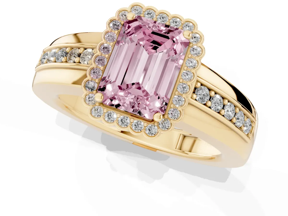 Fancy Pink Emerald Cut Cut Halo Pave Band Four-Prong Ring Yellow gold