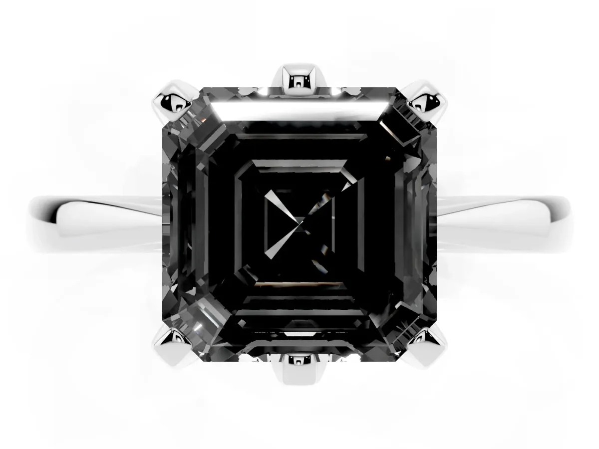 Fancy Black Asscher Cut Solitaire Engagement Ring with Six-Prong Setting and Tapered Band White gold