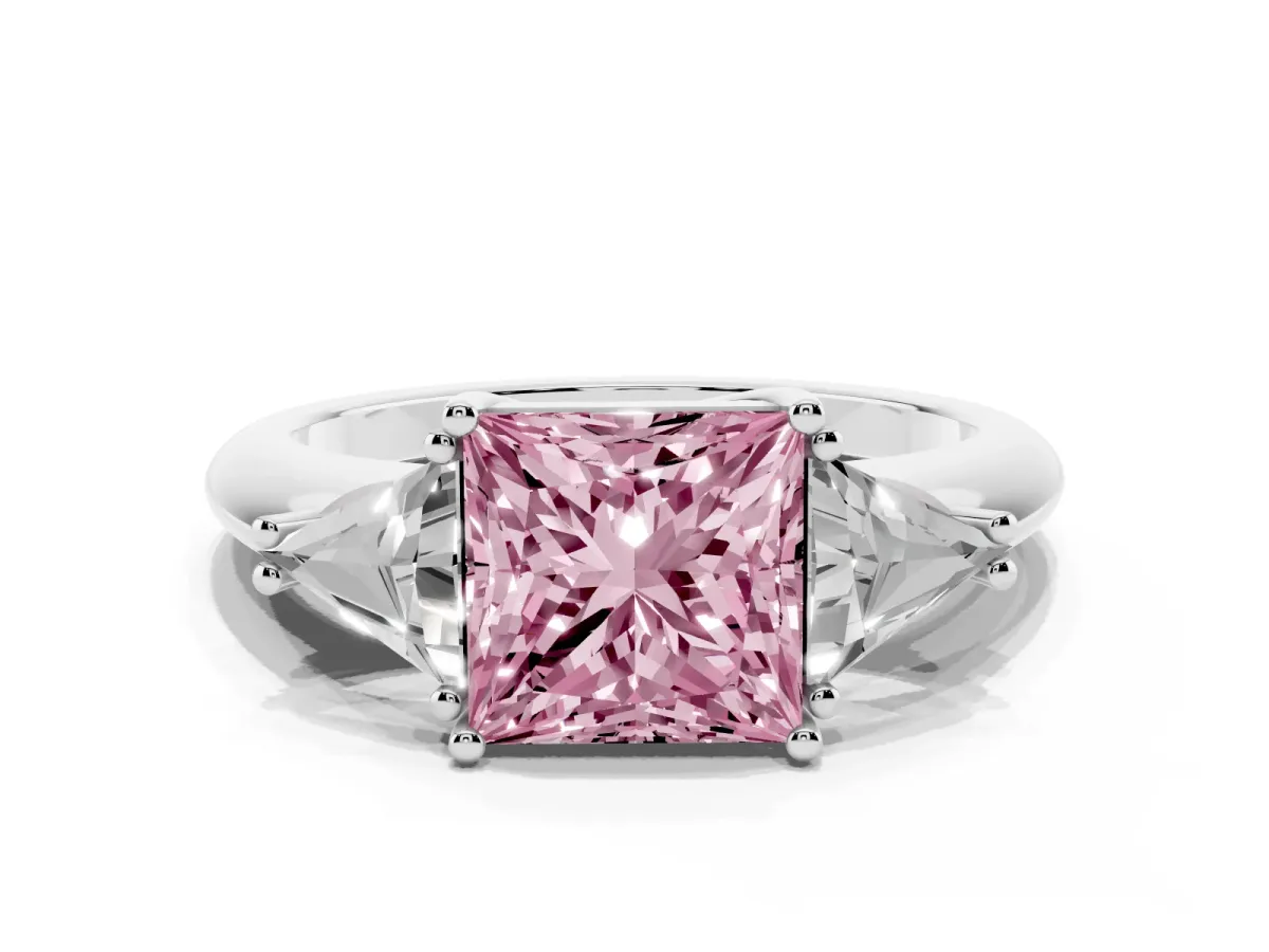 Fancy Pink Three-Stone Princess Cut Diamond Engagement Ring with Trillion Side Stones and Prong Setting White gold