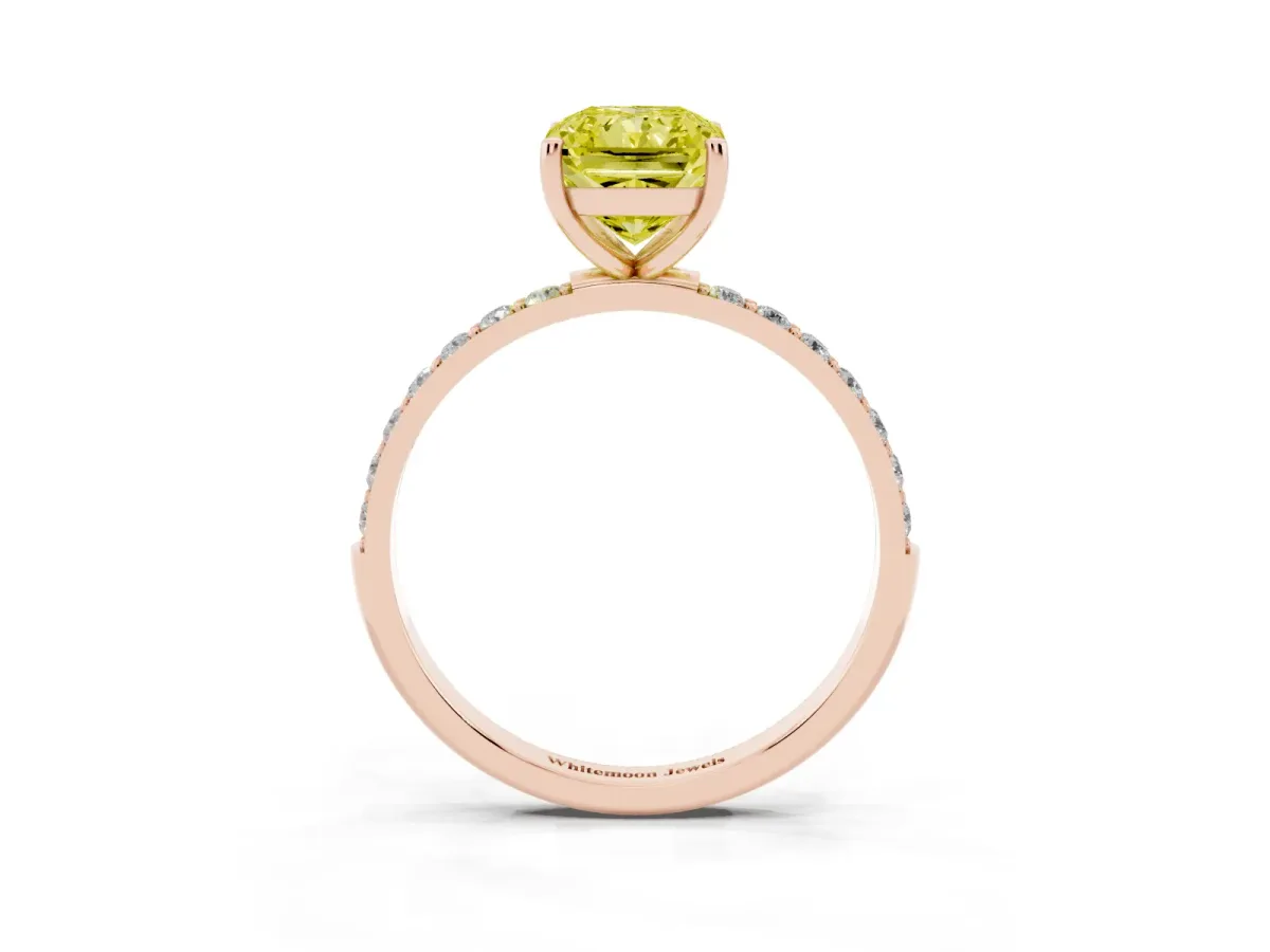 Fancy Yellow Radiant Cut Diamond Solitaire Ring with Round Pavé Shoulders and Prong Setting Rose gold