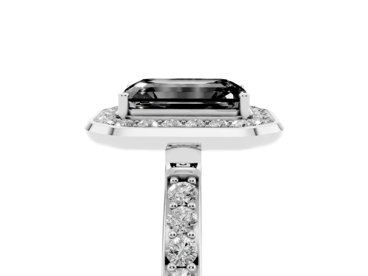 Fancy Black Emerald Cut Diamond Halo Ring with Bezel Frame and Pavé Band Silver