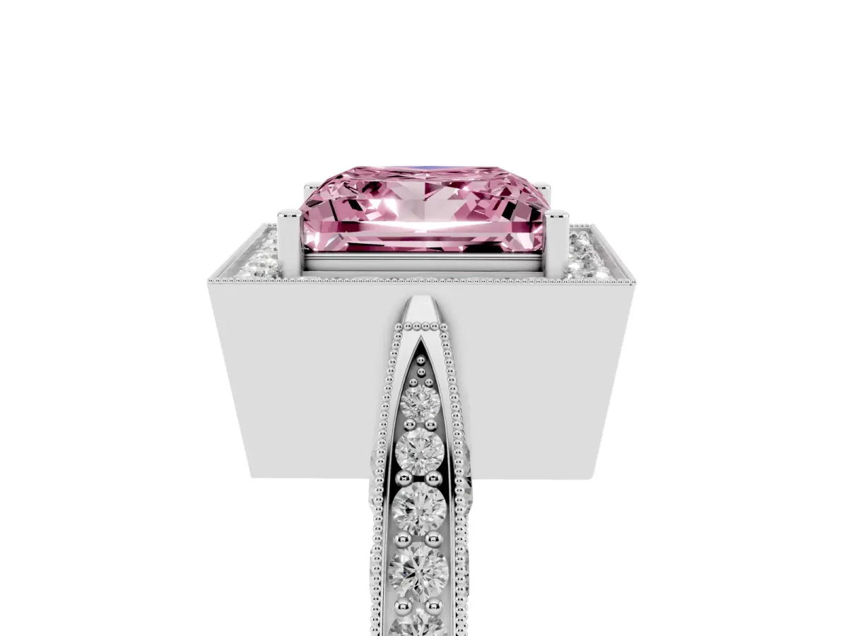 Fancy Pink Princess Cut Halo Diamond Engagement Ring with Split Shank Band and Four-Prong Setting Silver