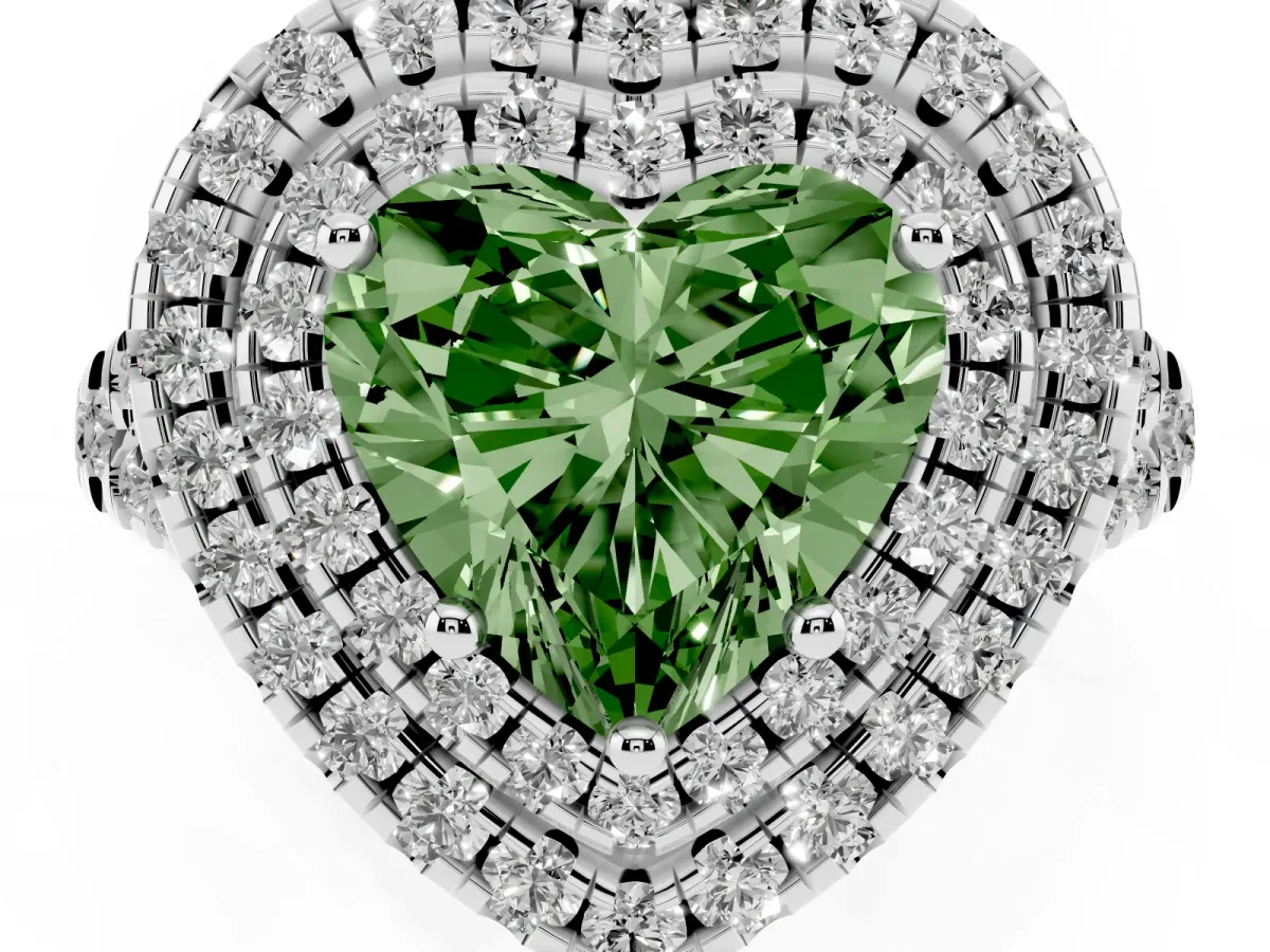 Fancy Green Double Halo Heart Cut Diamond Pavé Split Shank Ring with Prong Setting Platinum
