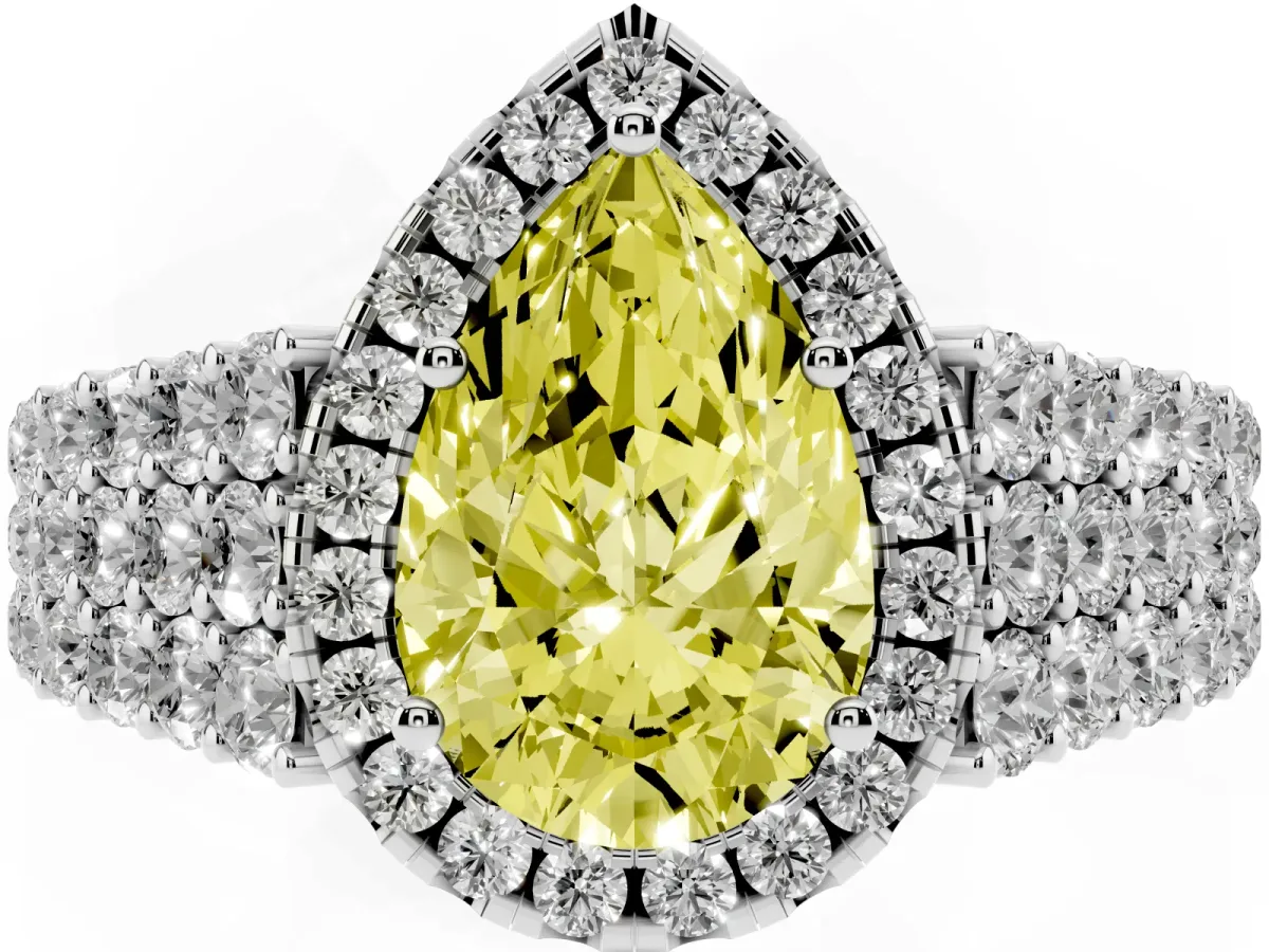 Fancy Yellow Pear Cut Diamond Halo Engagement Ring with Triple Row Round Pavé Band and Prong Setting Silver