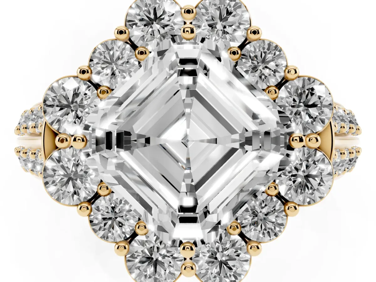 Asscher Cut Halo Diamond Engagement Ring with Split Shank and Prong Setting Yellow gold