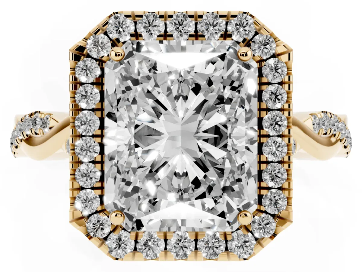 Radiant Cut Halo Twist Band Solitaire Ring Yellow gold