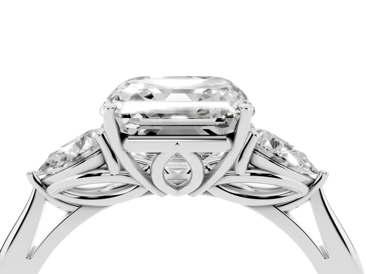 Asscher Cut Diamond Three-Stone Ring with Pear Side Stones and Prong Setting Platinum