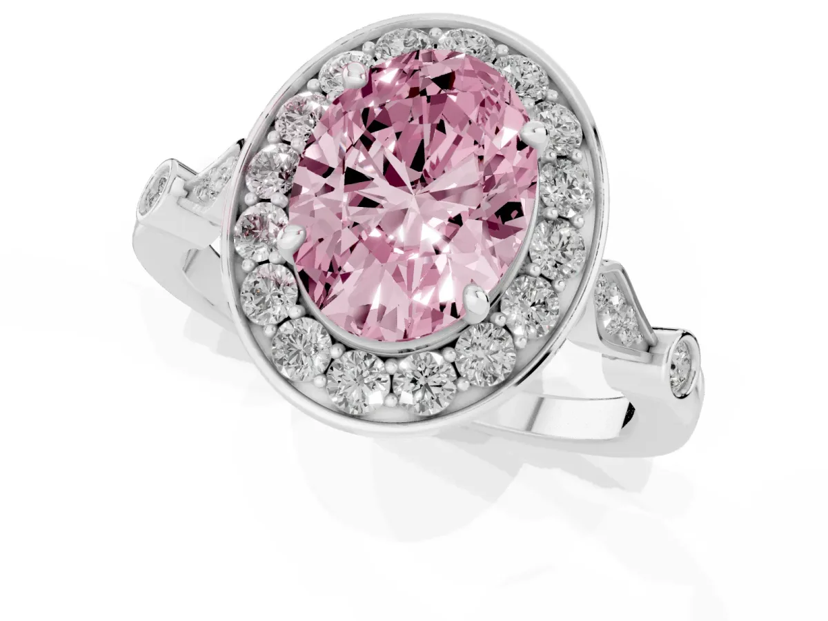 Fancy Pink Oval Cut Halo Diamond Engagement Ring with Twisted Band and Four-Prong Setting Silver