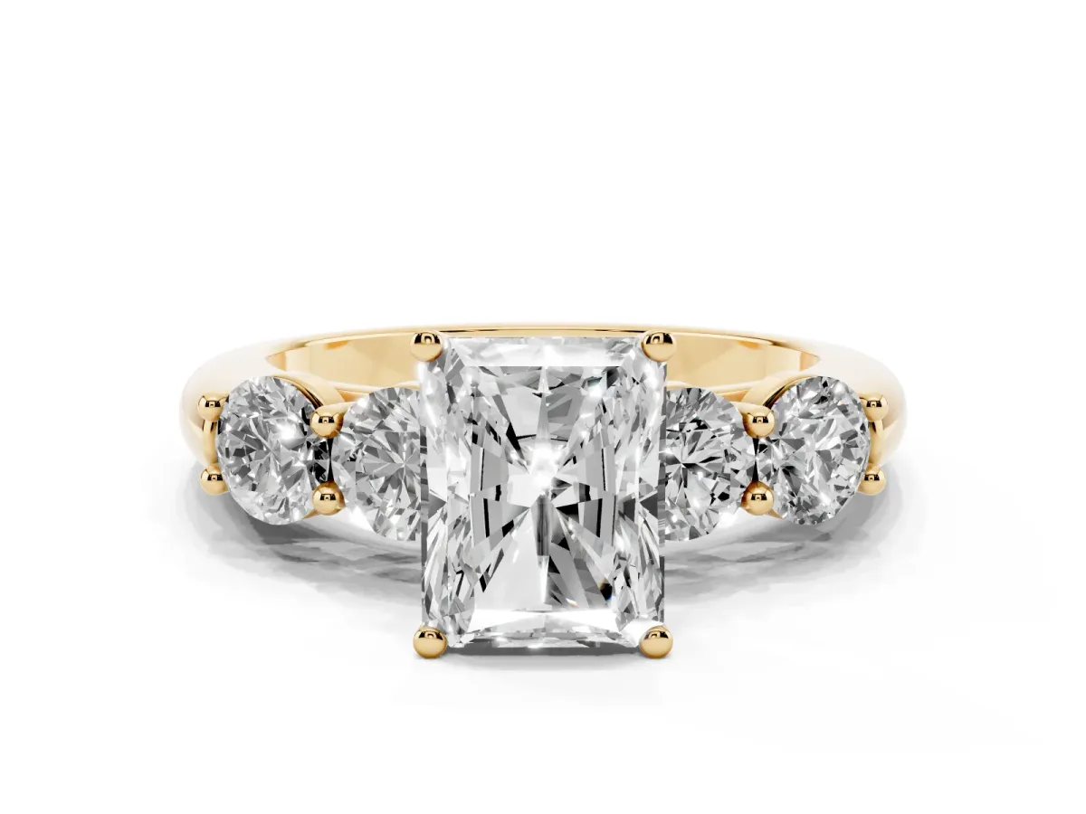 Radiant Cut Cut Five-Stone Prong Set Diamond Ring with Classic Band Yellow gold
