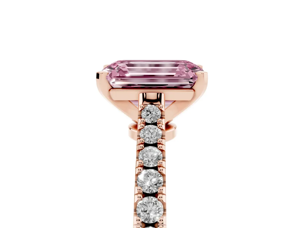 Fancy Pink Emerald Cut Cut Solitaire Diamond Engagement Ring with Pave Band and Four-Prong Setting Rose gold