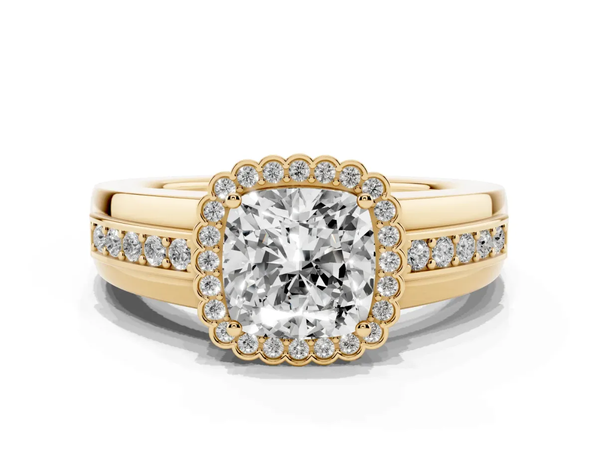 Cushion Cut Cut Halo Pave Band Four-Prong Ring Yellow gold