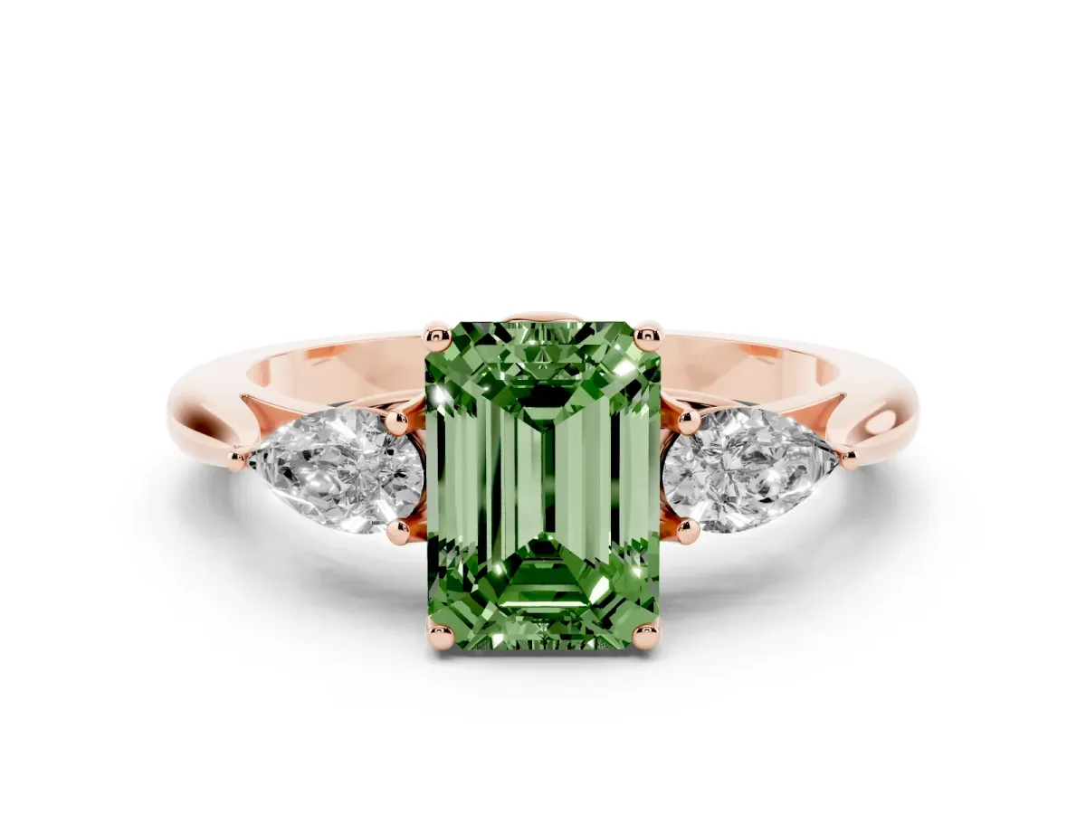 Fancy Green Emerald Cut Diamond Three-Stone Ring with Pear Side Stones and Prong Setting Rose gold