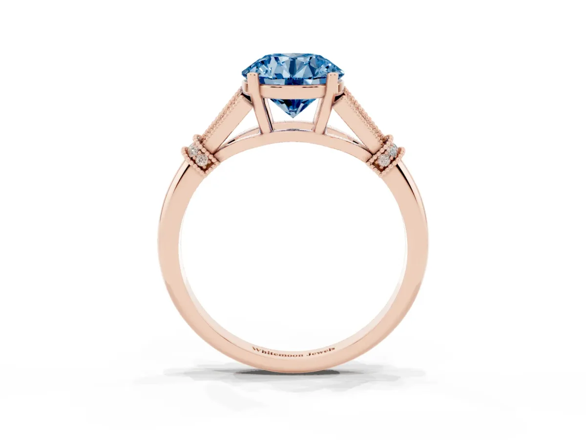 Fancy Blue Round Cut Diamond Solitaire Ring with Floral Filigree and Pave Accents Rose gold