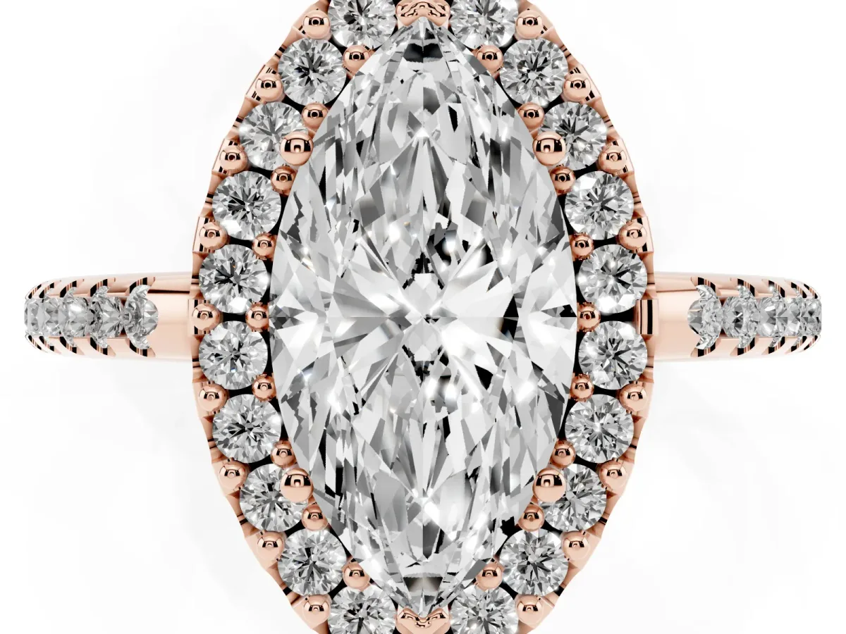 Marquise Cut Diamond Pavé Halo Ring with Four-Prong Setting Rose gold