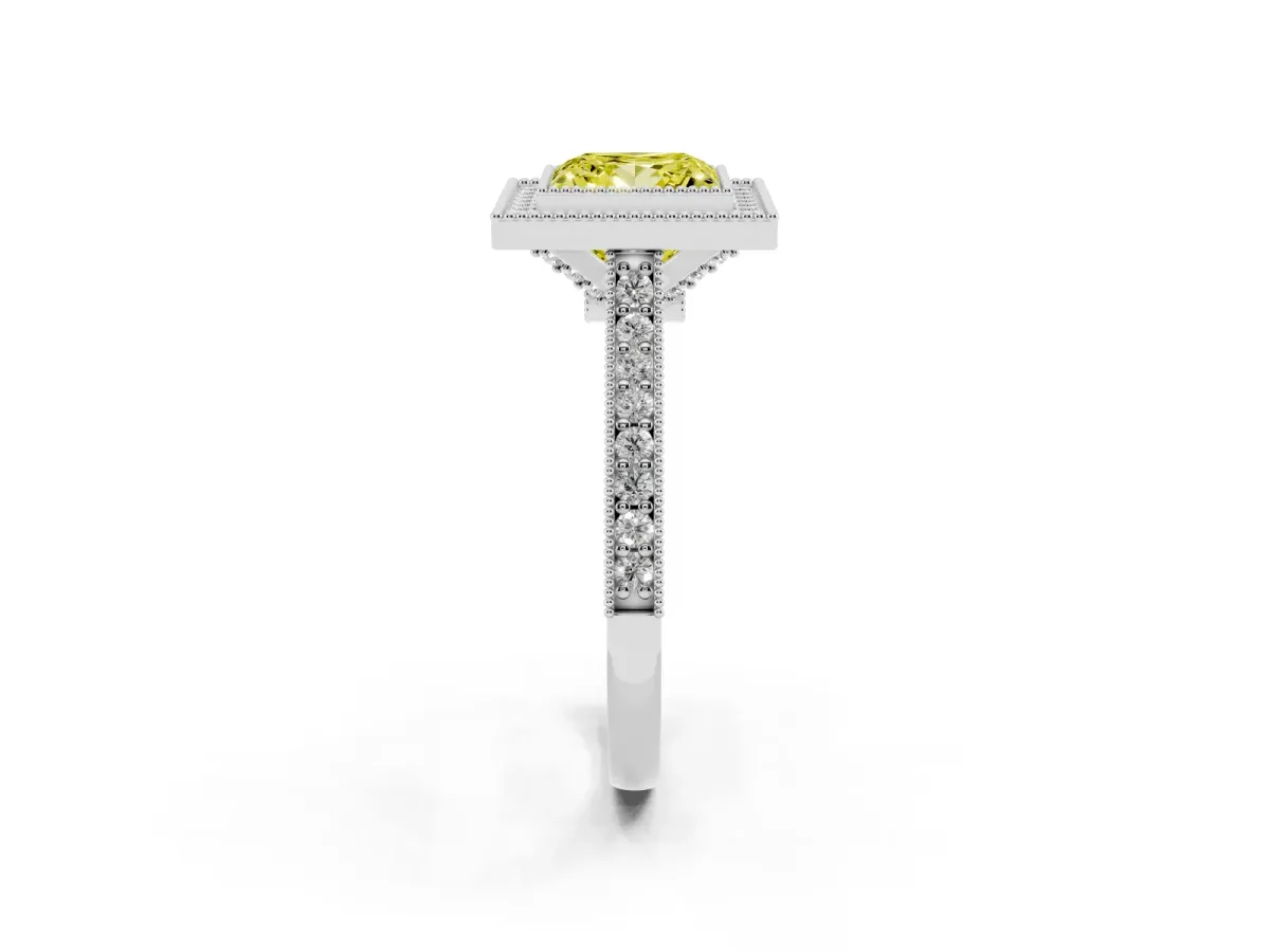 Fancy Yellow Halo Princess Cut-Cut Diamond Pave Band Milgrain Prong Setting Ring White gold