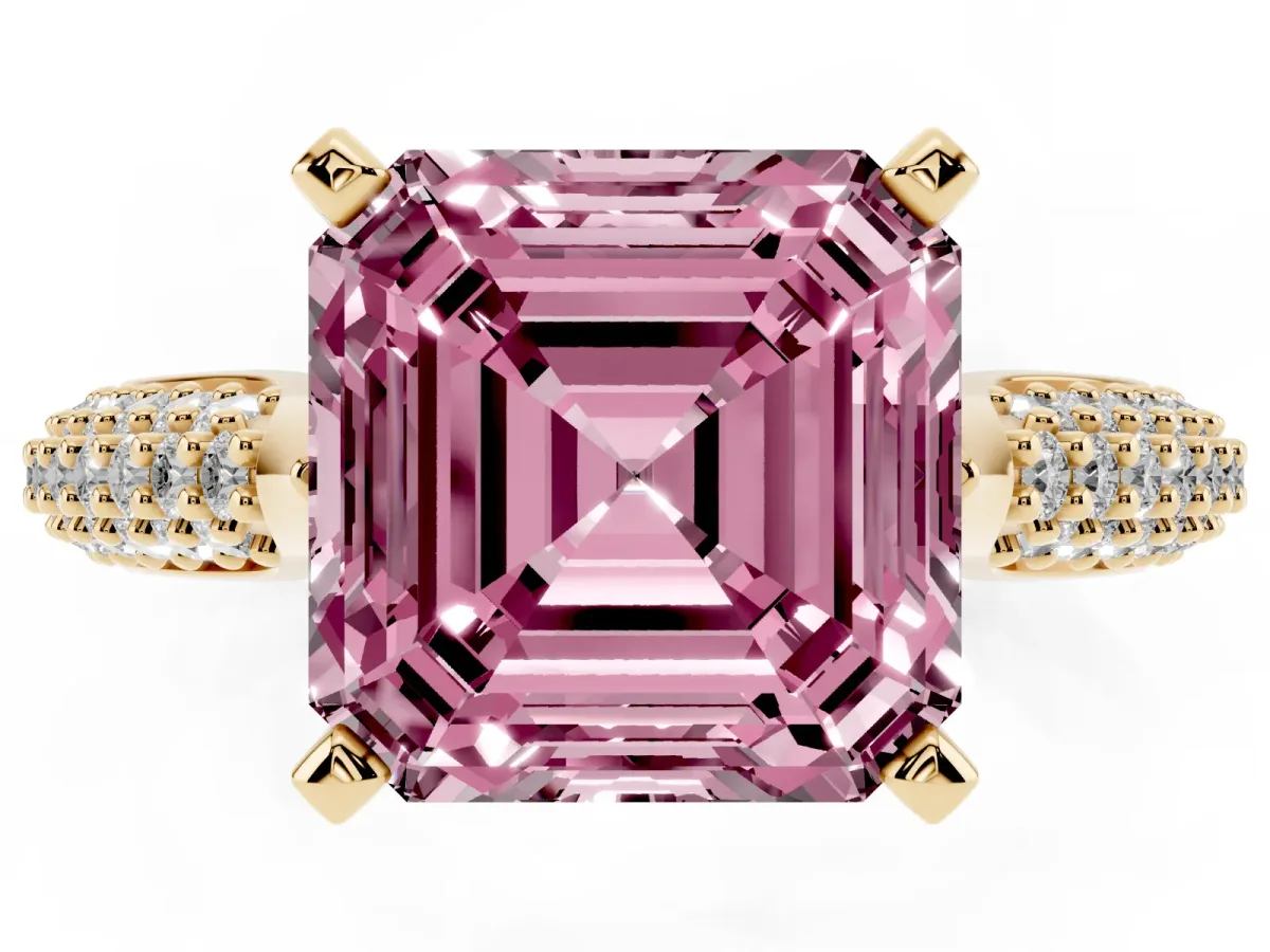 Fancy Pink Asscher Cut Diamond Solitaire Engagement Ring with Multi-Row Round Pavé Band and Prong Setting Yellow gold