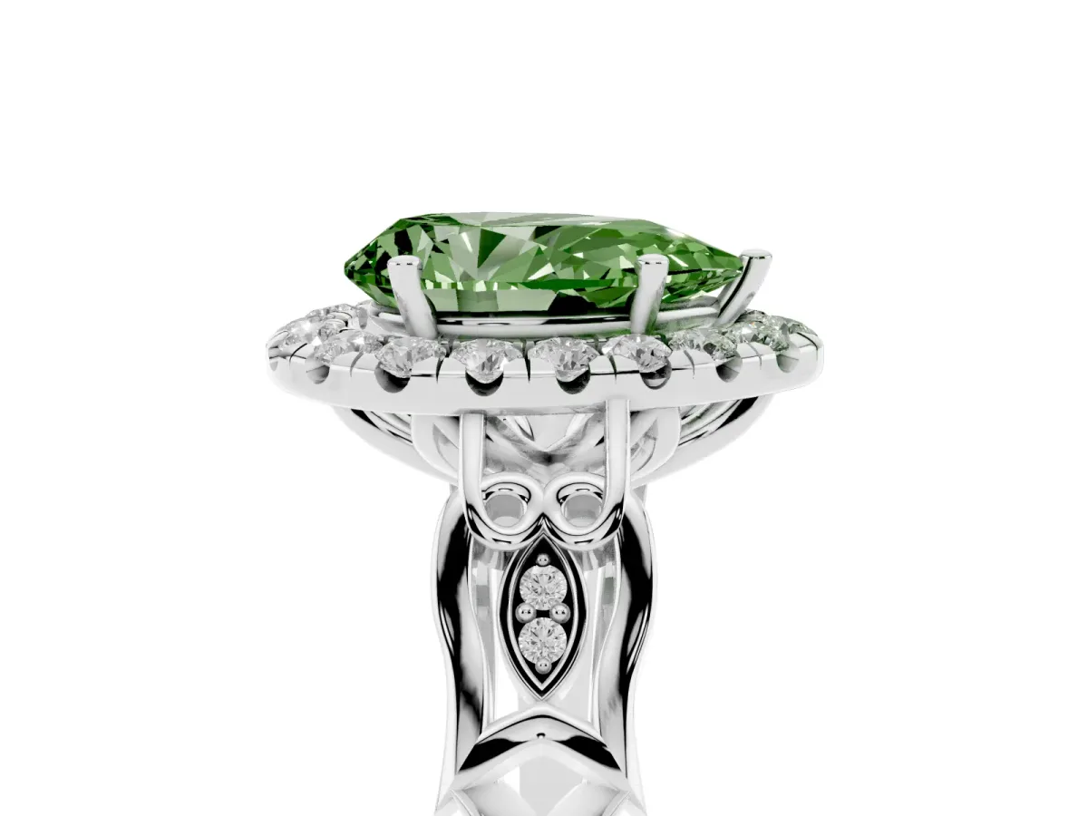 Fancy Green Pear Cut Halo Diamond Engagement Ring with Filigree Band and Four-Prong Setting White gold