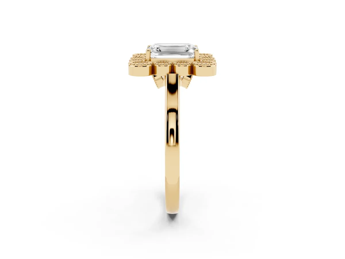 Emerald Cut Halo Diamond Cluster Engagement Ring with Milgrain Bezel Setting and Solitaire Band Yellow gold