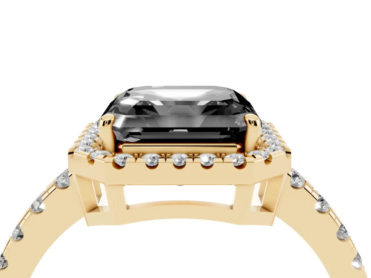 Fancy Black Asscher Cut Diamond Halo Ring with Pavé Band and Four-Prong Setting Yellow gold