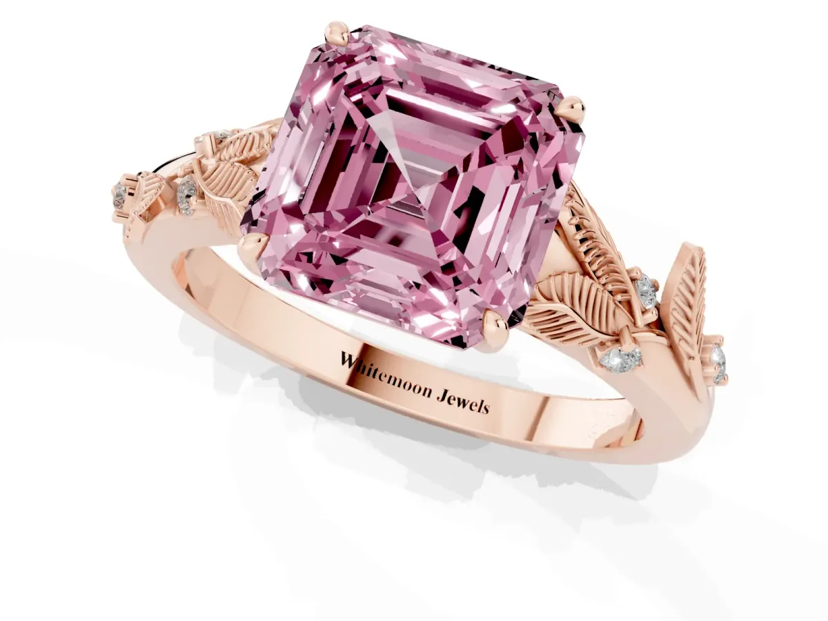 Fancy Pink Asscher Cut Diamond Solitaire Ring with Leaf Motif Band and Four-Prong Setting Rose gold