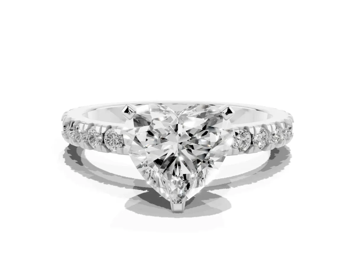 Heart Cut Diamond Pavé Band Solitaire with Four-Prong Setting Silver