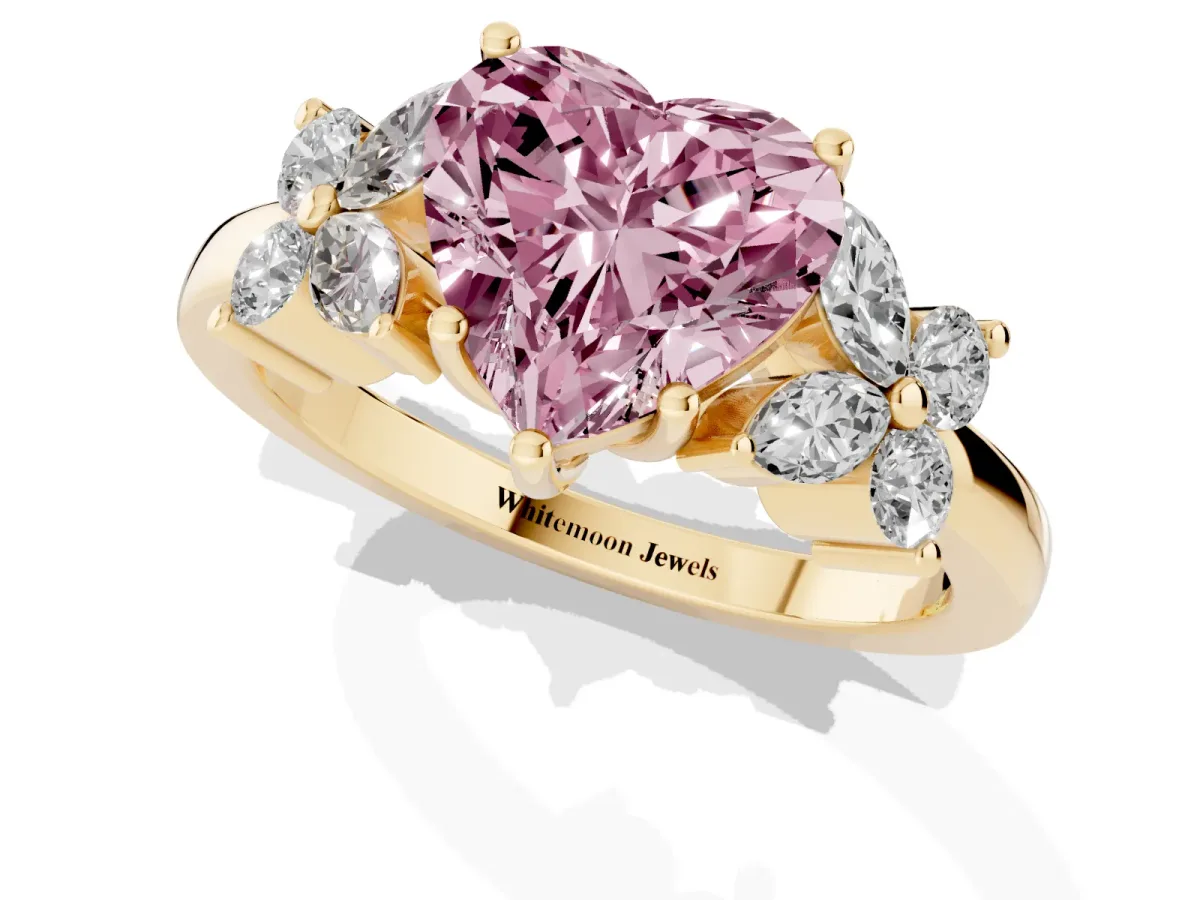 Fancy Pink Heart Cut Diamond Floral Cluster Ring with Solitaire Band and Prong Setting Yellow gold