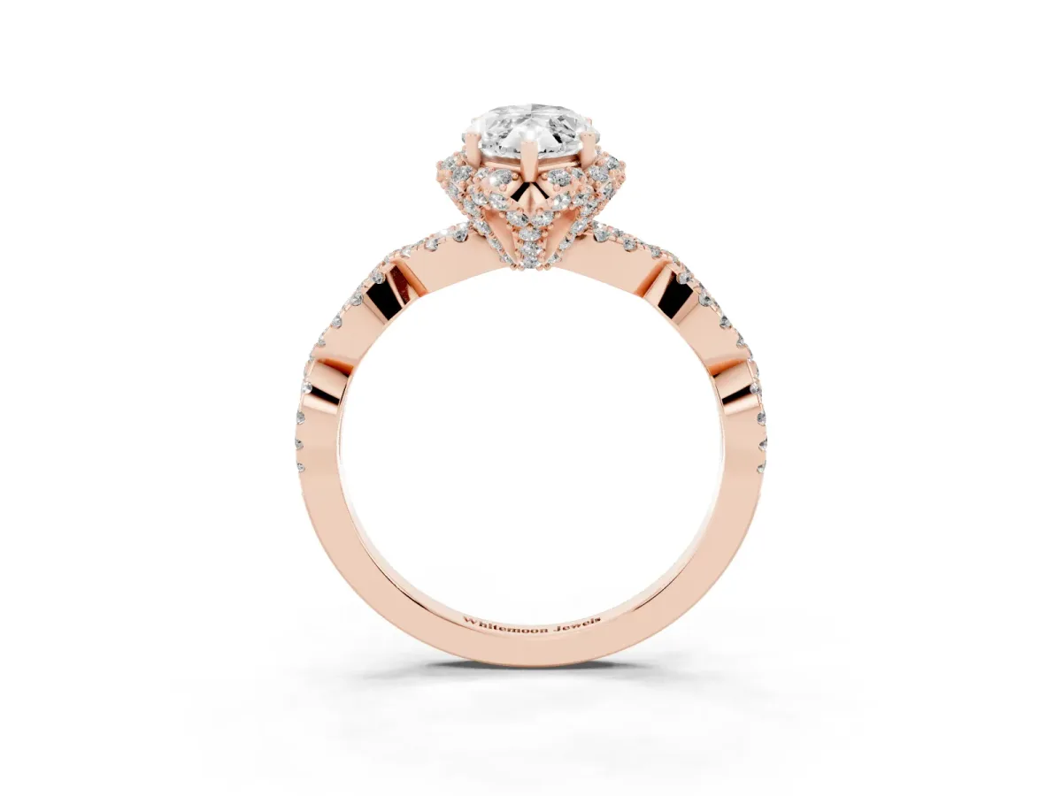 Marquise Cut Halo Twist Band Solitaire Ring with Six-Prong Setting Rose gold