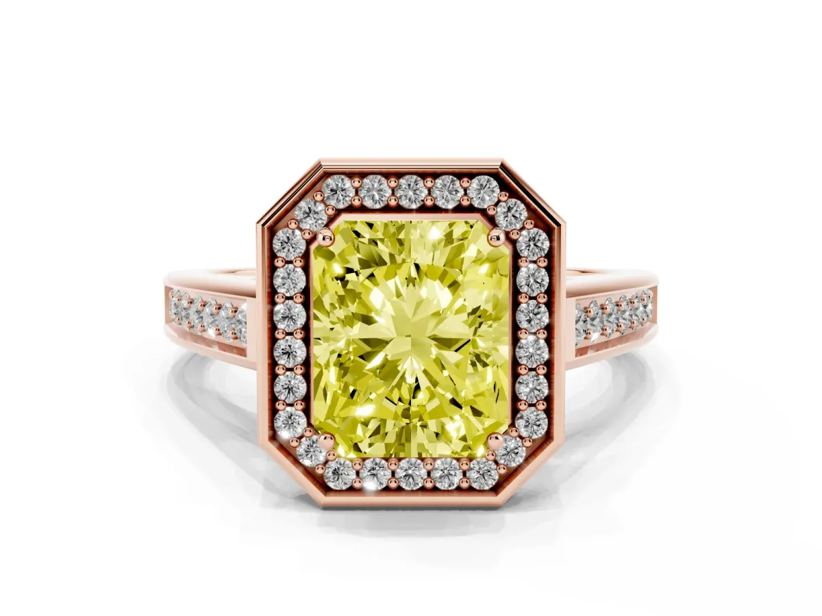 Fancy Yellow Emerald Cut Halo Solitaire Diamond Ring with Pave Band and Bezel Setting Rose gold