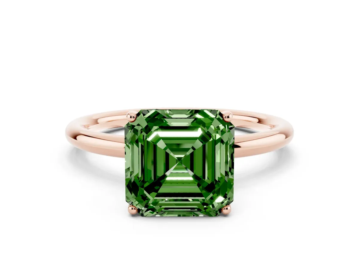 Fancy Green Asscher Cut Solitaire Diamond Ring with a Classic Band and Four-Prong Setting Rose gold