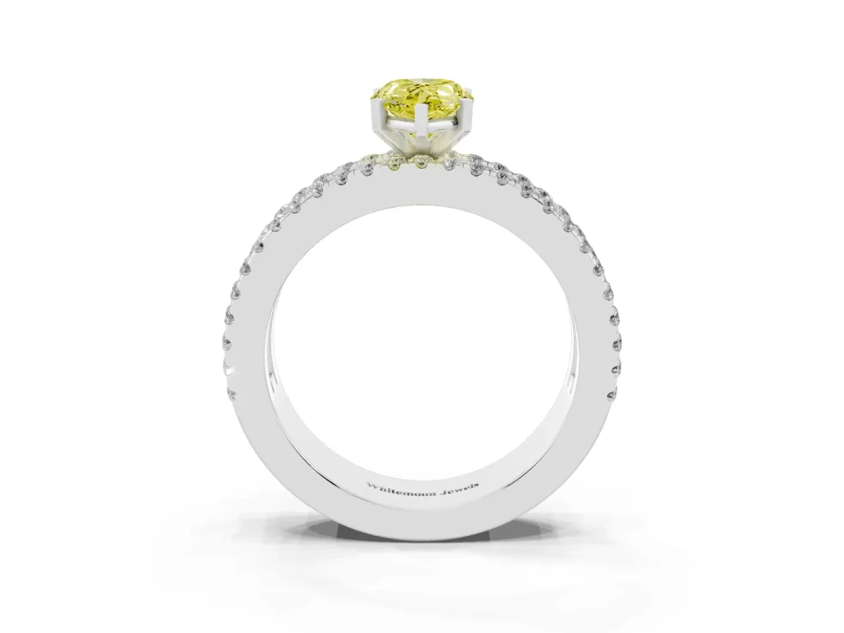Fancy Yellow Pear Cut Diamond Solitaire Ring with Pavé and Channel Set Band Silver