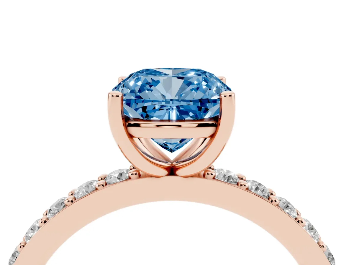 Fancy Blue Cushion Cut Cut Diamond Solitaire with Pave Band and Four-Prong Setting Rose gold