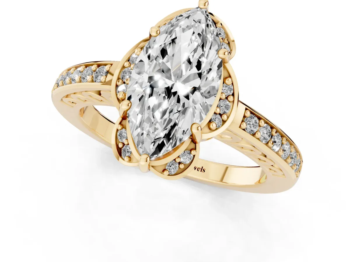 Marquise Cut Cut Halo Diamond Ring with Channel Set Band and Four-Prong Setting Yellow gold