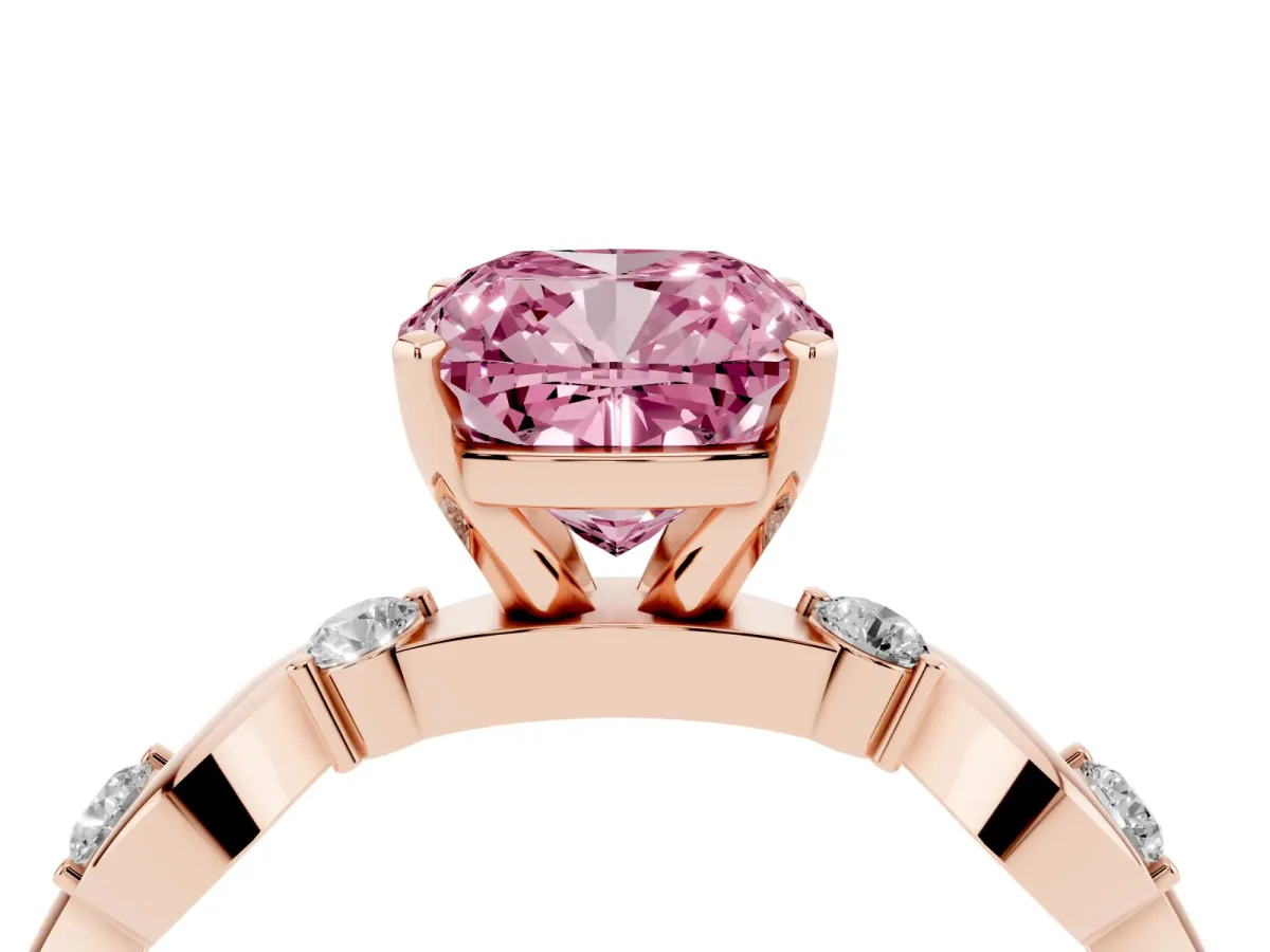 Fancy Pink Cushion Cut Diamond Solitaire Twisted Band with Round Accents and Prong Setting Rose gold