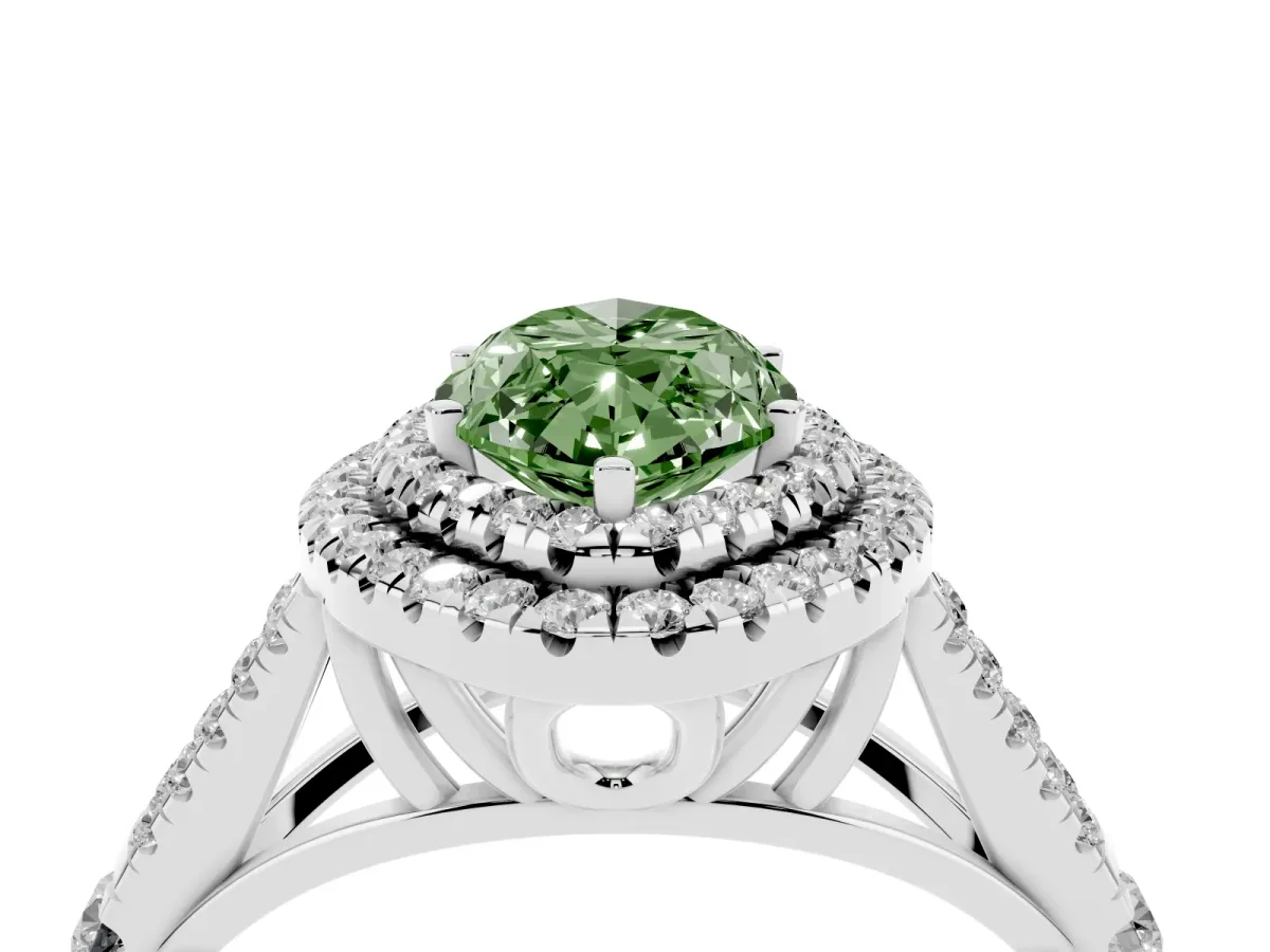 Fancy Green Marquise Cut Cut Double Halo Split Shank Diamond Ring with Prong Setting Silver