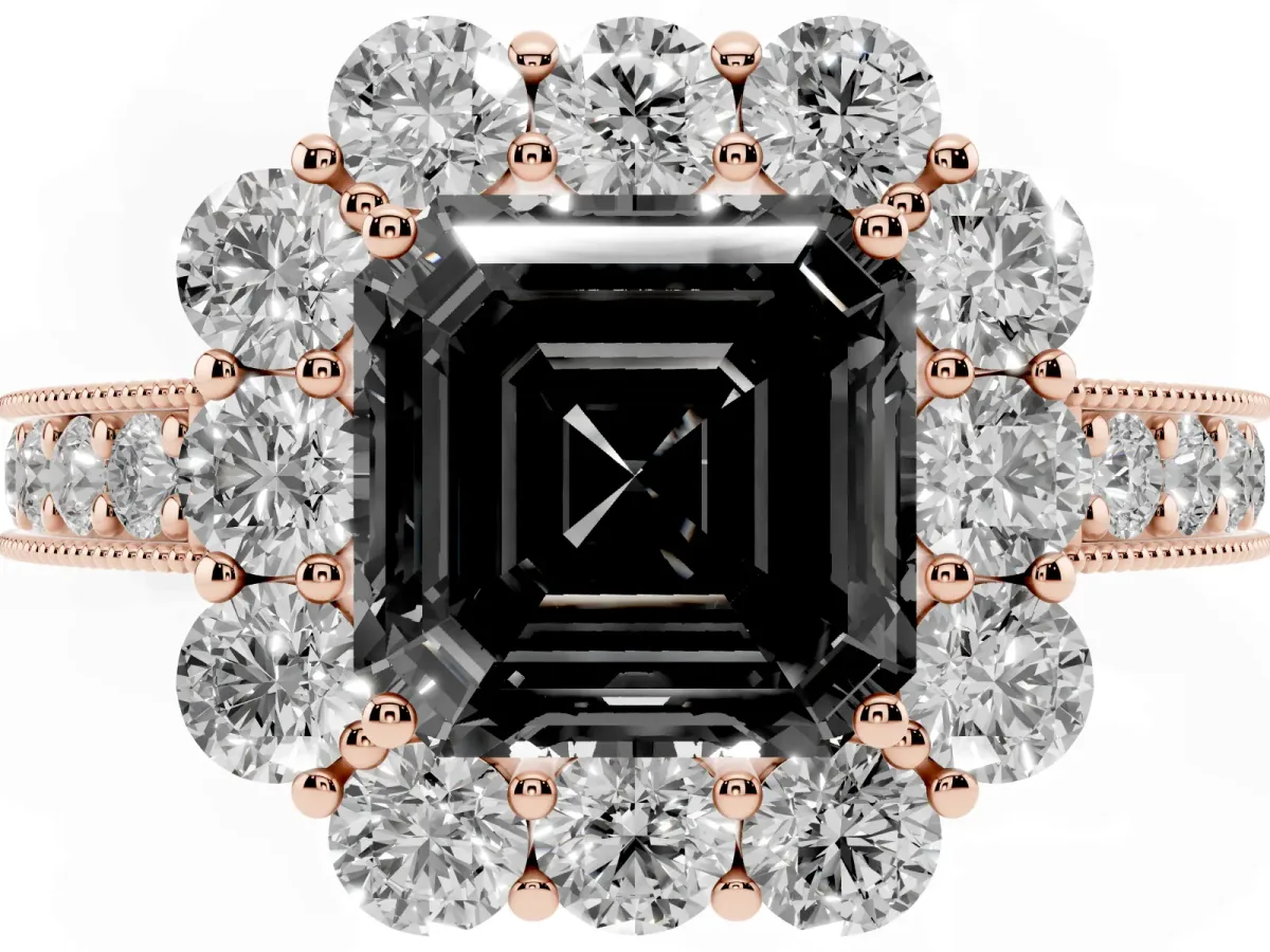 Fancy Black Asscher Cut Cut Halo Diamond Pavé Engagement Ring with Milgrain Detailing Rose gold